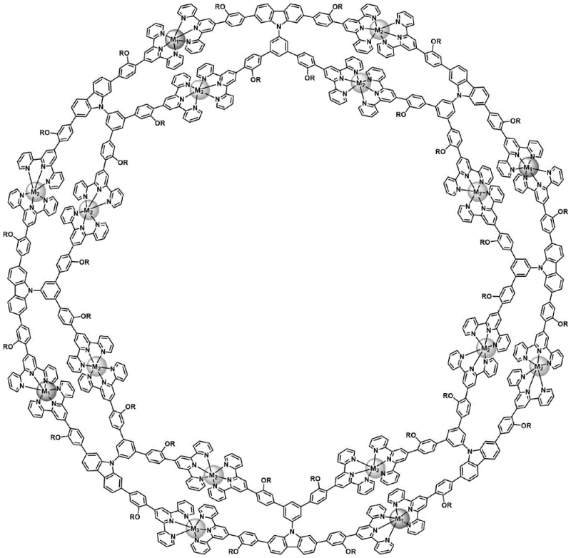 Chemical structure of the double-layer eight-membered hollow ring metal-organic supramolecule showing the coordination of Ru and Zn ions