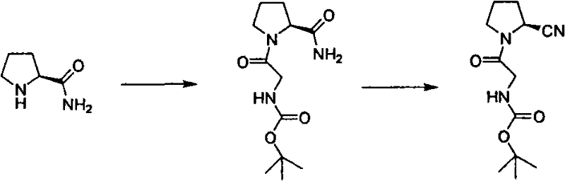 Prior art reaction scheme showing expensive EDC coupling and hazardous POCl3 dehydration