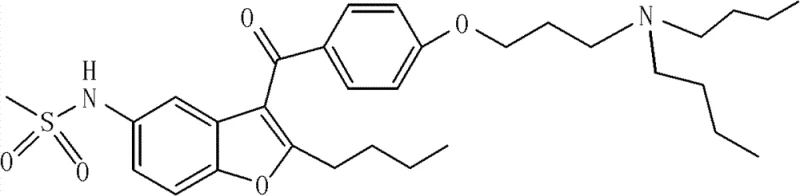 Chemical structure of Dronedarone Hydrochloride showing the benzofuran core and side chains