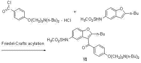 Conventional Friedel-Crafts acylation route for Dronedarone synthesis showing complex starting materials