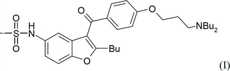 Chemical structure of Dronedarone (Formula I) showing the benzofuran core and dibutylamino side chain