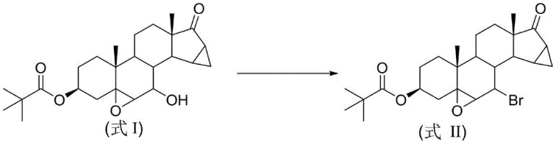 Chemical reaction scheme showing the conversion of 3-pivaloyloxy-5β,6β-epoxy-7β-hydroxy-15β,16β-dimethylene-pregn-17-one (Formula I) to the brominated intermediate (Formula II) via mechanochemical ball milling
