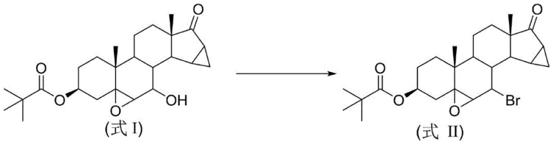 Chemical reaction scheme showing the conversion of 3-pivaloyloxy-5β,6β-epoxy-7β-hydroxy-15β,16β-dimethylene-pregnane-17-one to the 7-bromo derivative using thiourea catalyst and brominating agent