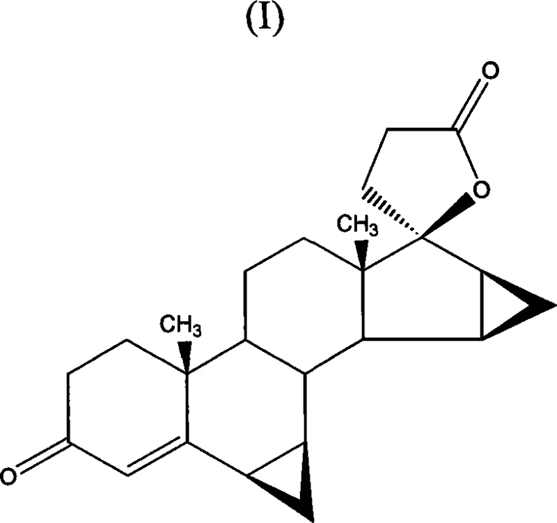 Chemical structure of Drospirenone (Formula I) showing the final lactone ring and dimethylene groups