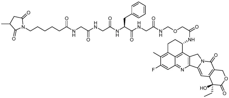 Chemical structure of the DS-8201 linker-payload conjugate showing the connection between the antibody binding site and the cytotoxic agent