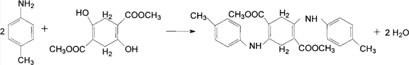 Reaction scheme showing the condensation of p-toluidine and DMSS to form the dihydro intermediate and subsequent conversion to DTTA