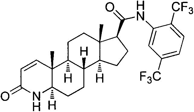 Chemical structure of Dutasteride (Formula 3) showing the 4-aza-5-alpha-androstane core and bis-trifluoromethyl aniline moiety