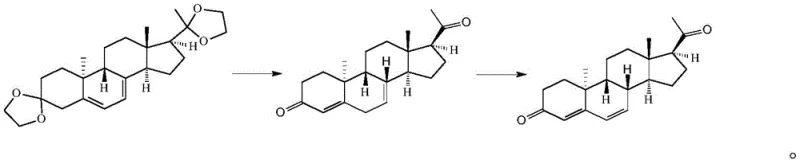 Reaction scheme showing the conversion of 3,20-bis(ethyldioxy)-9beta-10alpha-pregna-5,7-diene to Dydrogesterone via acid-catalyzed deprotection and isomerization