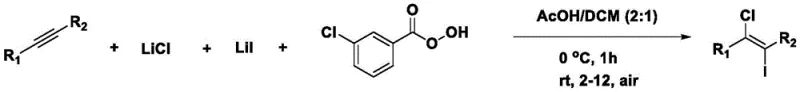 Reaction scheme showing alkyne conversion to (E)-1-chloro-2-iodoethylene using LiCl, LiI, and oxidant