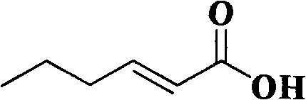 Chemical structure of (E)-2-hexenoic acid showing the trans-alkene configuration and carboxylic acid group