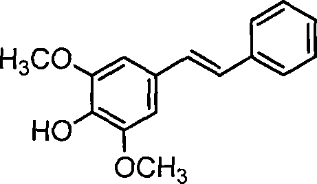 Chemical structure of (E)-4-hydroxy-3,5-dimethoxystilbene showing the trans-stilbene core and methoxy substituents