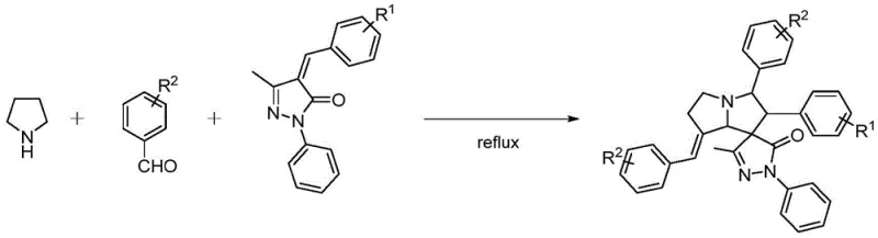 General reaction scheme for the one-pot synthesis of (E)-benzylidene spiropyrazole pyrrolizinones