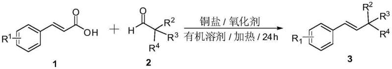 General reaction scheme for preparing (E)-β-alkyl styrene compounds from cinnamic acids and aldehydes