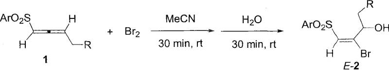 Reaction scheme showing electrophilic bromination of allenyl sulfone to E-beta-bromo-gamma-hydroxymethylene sulfone