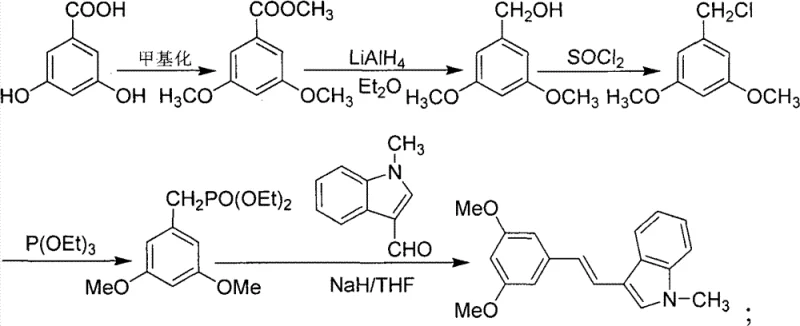 Synthetic route for (E)-1-[3-(1-skatole)]-2-(3,5-dimethoxy benzene) ethene showing methylation, reduction, and Wittig-Horner steps