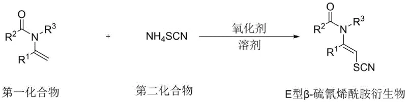 General reaction scheme for the synthesis of E-type beta-thiocyanatelamide derivatives using enamide and ammonium thiocyanate