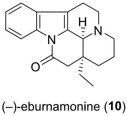 Chemical structure of the target molecule (-)-eburnamonine showing the fused pentacyclic skeleton