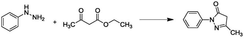 Reaction scheme showing the condensation of phenylhydrazine and ethyl acetoacetate to form Edaravone