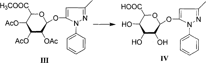Final deprotection step converting protected Intermediate III to Edaravone metabolite IV using NaOH hydrolysis