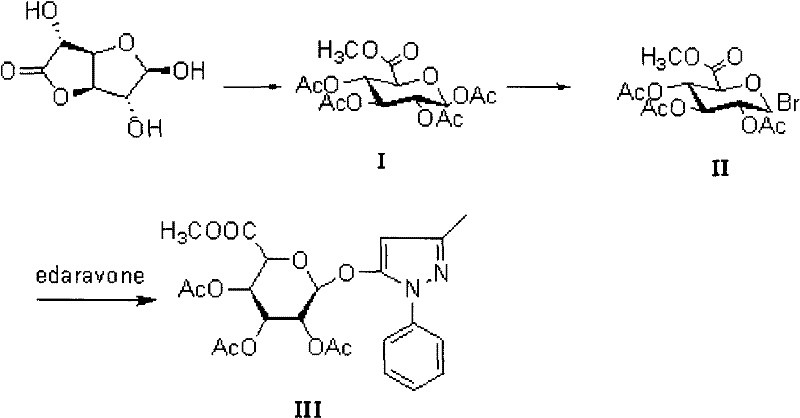 Complete synthetic route from glucuronic acid methyl ester to Edaravone metabolite IV via intermediates I, II, and III