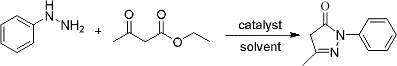 Reaction scheme showing the acid-catalyzed condensation of phenylhydrazine and ethyl acetoacetate to form Edaravone