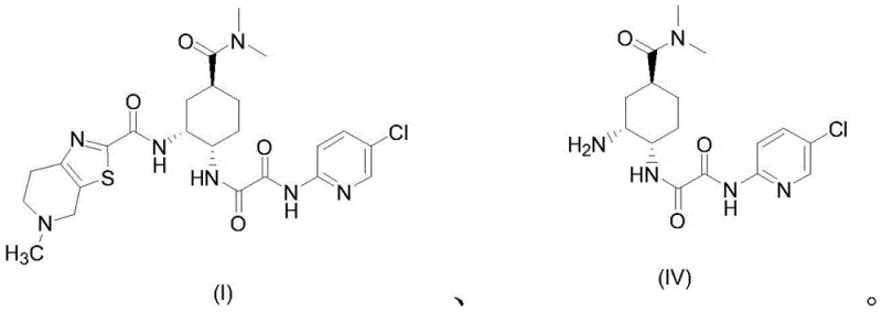 Overall reaction scheme showing coupling of Intermediate (II) and Compound (IV) to form Edoxaban (I)