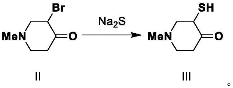 Chemical reaction scheme showing the conversion of 3-bromo-N-methyl-4-piperidone to the mercapto-ketone intermediate using sodium sulfide