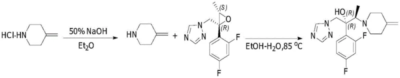 Conventional synthesis route of efinaconazole using NaOH and ethanol-water solvent requiring chromatographic purification