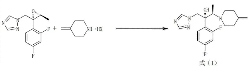 Reaction scheme showing the ring-opening addition of 4-methylenepiperidine acid addition salt to epoxytriazole to form Efinaconazole