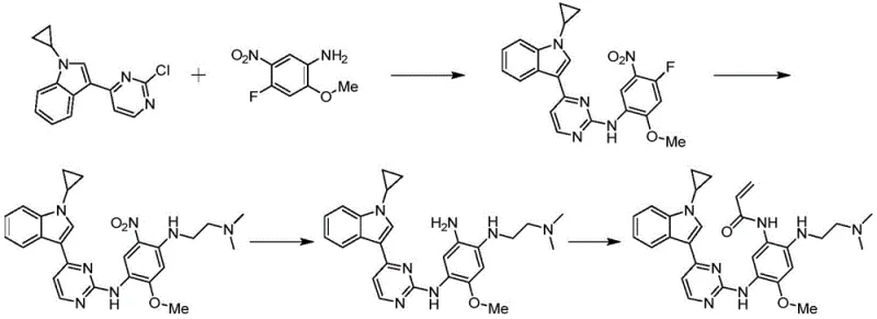 Prior art synthesis route showing limitations in raw material sourcing and harsh reaction conditions