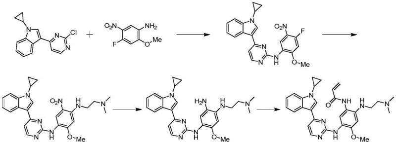 General synthetic route for 4-(1-cyclopropyl-1H-indol-3-yl)-N-phenylpyrimidin-2-amine derivatives showing key structural variations