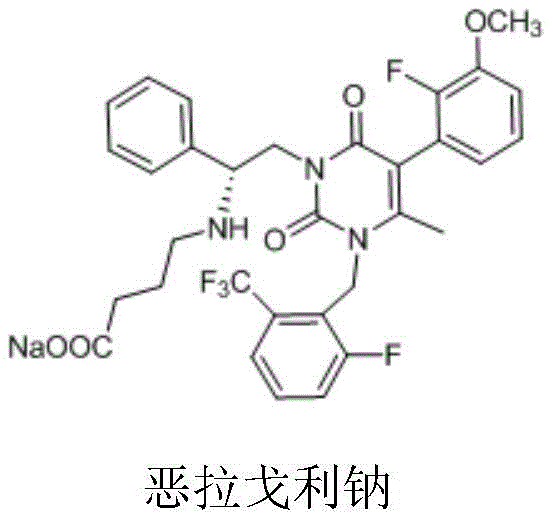 Chemical structure of Elagolix Sodium showing the complex arrangement of fluorinated phenyl rings and pyrimidine dione core
