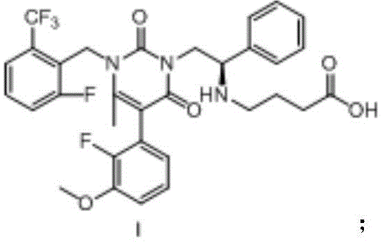 Chemical structure of Elagolix (Formula I) showing the core pyrimidine dione scaffold and side chains