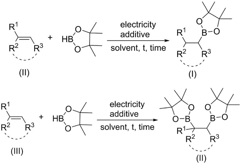 Reaction scheme showing electrocatalytic hydroboration of aryl olefins with pinacol borane to form alkyl borates