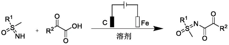 General reaction scheme showing electrochemical synthesis of alpha-ketoamides from sulfoximines and alpha-keto acids