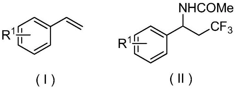 General reaction scheme showing electrochemical conversion of aryl vinyl compounds to beta-trifluoromethyl amides