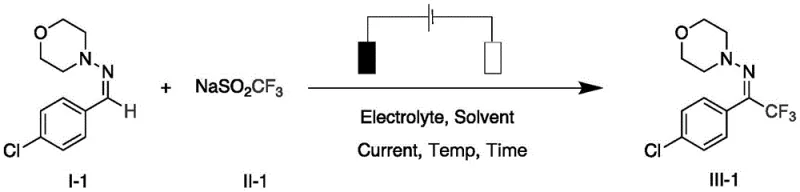 Electrochemical reaction scheme for Example 1 showing synthesis of compound III-1 using NaSO2CF3