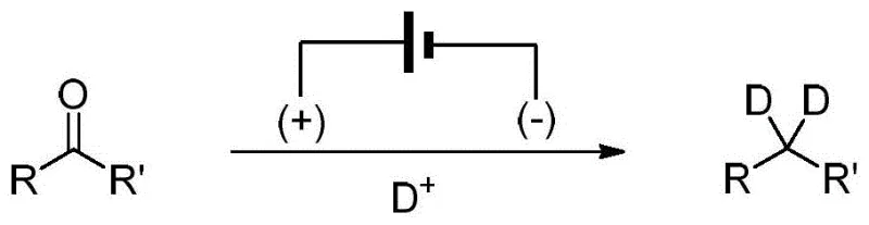 General reaction scheme for electrochemical deoxydeuteration of aldehydes and ketones to gem-di-deuterated hydrocarbons