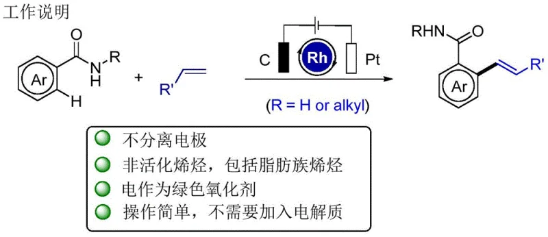 Scheme 1 showing the novel electrochemical oxidation alkenylation reaction of aromatic amides with olefins using Rh catalyst and electric current