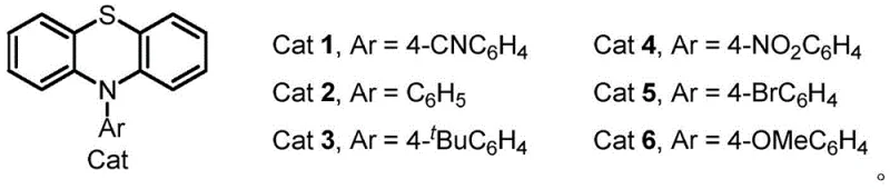 Structures of phenothiazine-based catalysts Cat 1 to Cat 6 used in the electrochemical reaction