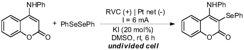 General reaction scheme showing electrochemical coupling of 4-aminocoumarin and diaryl diselenide