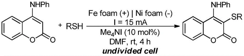 General electrochemical reaction scheme for 3-alkylthio-4-anilinocoumarin synthesis