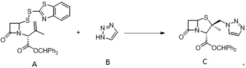 General reaction scheme showing electrochemical anodic oxidation of compound A and triazole B to form intermediate C