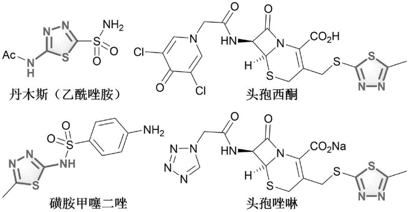 Examples of pharmaceutical drugs containing 1,3,4-thiadiazole derivatives such as Acetazolamide and Cefazolin