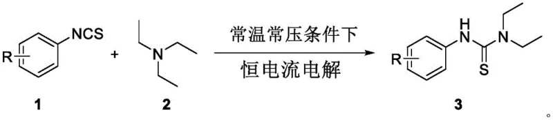 General reaction scheme for electrochemical synthesis of thiourea compounds from tertiary amines and isothiocyanates