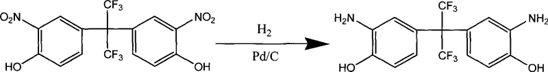 Reaction scheme showing the catalytic hydrogenation of 2,2-bis[(3-nitro-4-hydroxy)phenyl]-hexafluoropropane to the corresponding diamino monomer using Pd/C