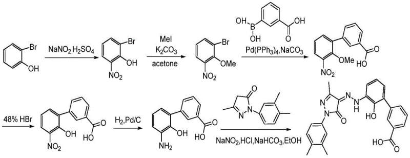 Prior art synthetic route for Eltrombopag showing complex protection steps