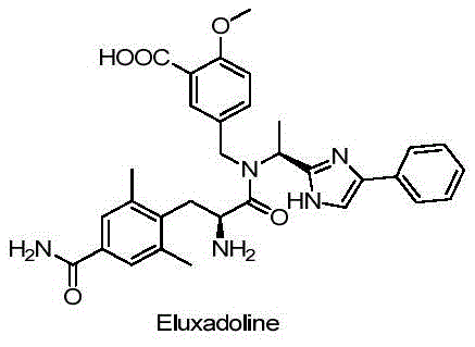 Chemical structure of Eluxadoline showing the complex phenylalanine core and amide functionality
