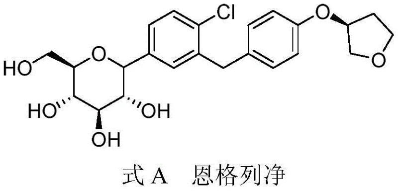 Chemical structure of Empagliflozin (Formula A) showing the core SGLT2 inhibitor scaffold