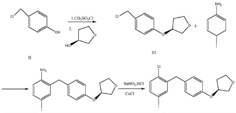 Prior art synthetic route showing complex diazotization and low yield steps